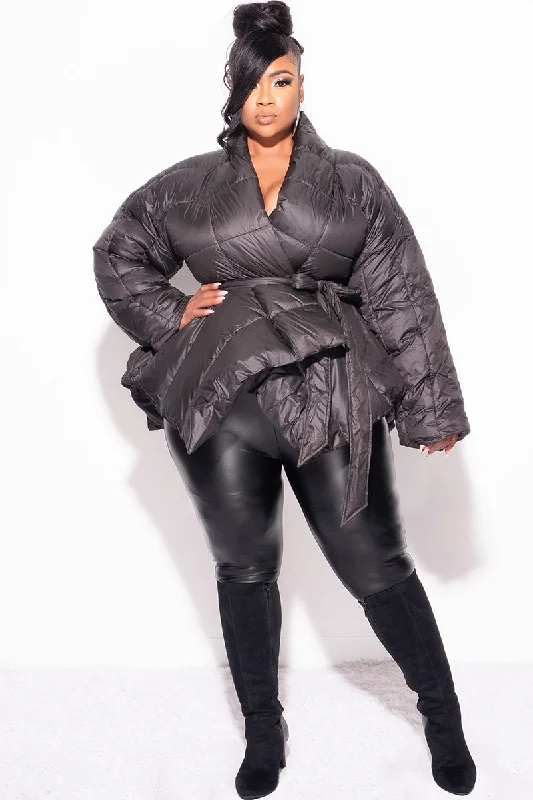 Final Sale Plus Size Belted Puffer Jacket in BlackPlus size women's patchwork tops