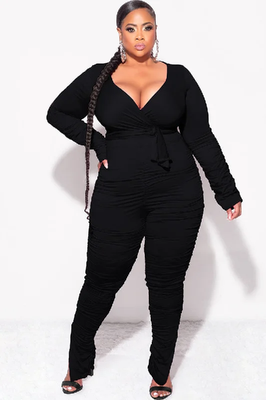 Final Sale Plus Size Ruched 2pc Faux Wrap Tie Top and Pants in BlackPlus size women's sports tops