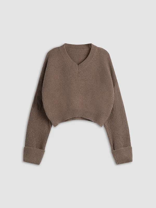 Minimalism V Neck Pullover SweaterPolyester Knit Tops