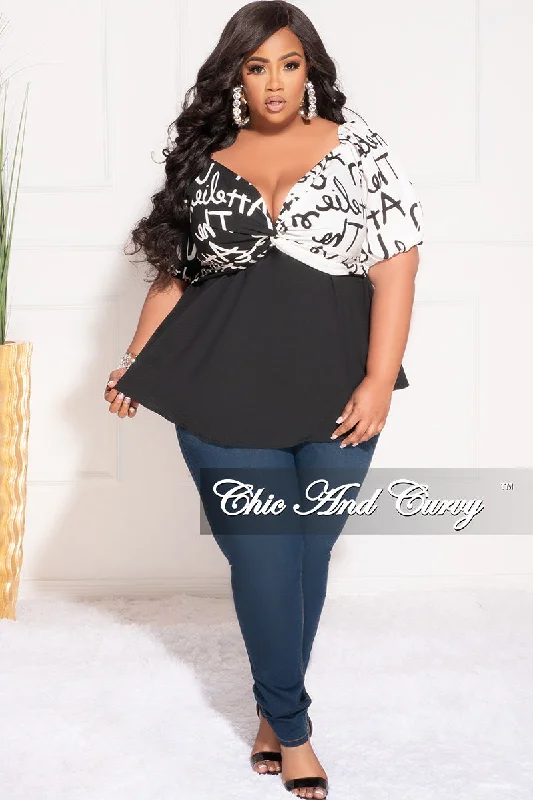 Final Sale Plus Size Faux Wrap ColorBlock Peplum Top in Black and White Art PrintLarge women's blended tops