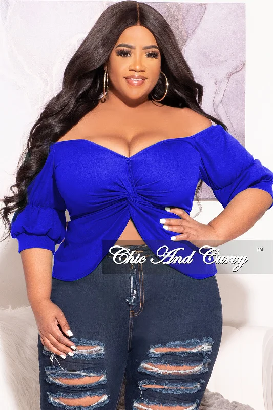 Final Sale Plus Size Off the Shoulder Twist Front Top in Royal BlueWomen's thin tops