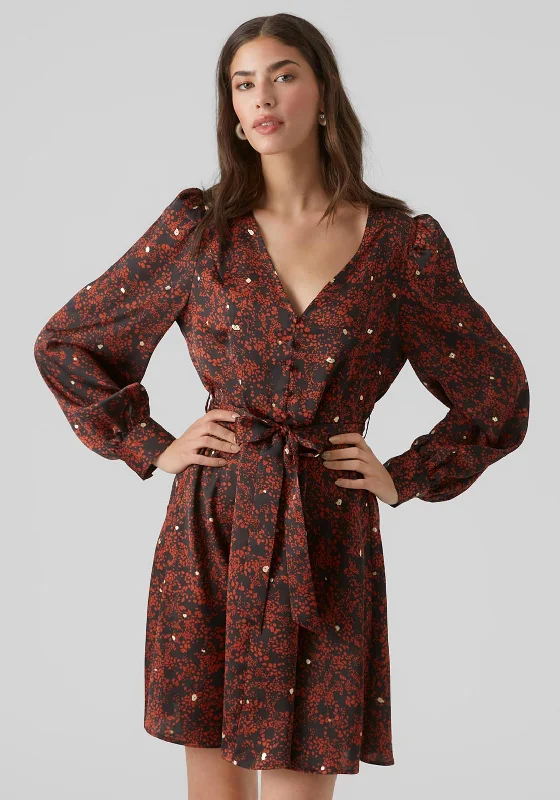 Vero Moda Eya V-Neck Mini Print Dress, Red OchreParty Dress