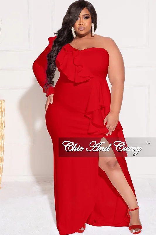 Final Sale Plus Size One Sided Ruffle Gown with Front Slit in RedPlus size women's elegant tops