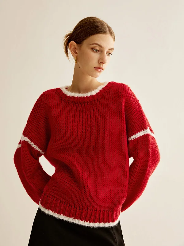 Crew Neck Contrast Binding SweaterSpring Knit Tops