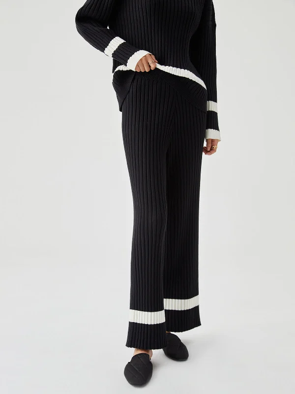 Ribbed Knit Contrast Trim Sweater PantsScoop Neck Knit Tops