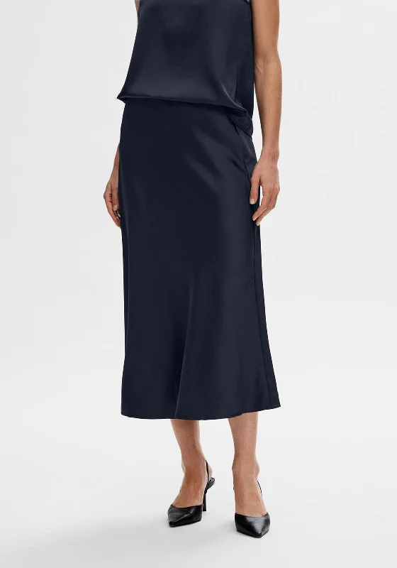 Selected Femme Lena Satin Midi Skirt, Dark SapphireSkort