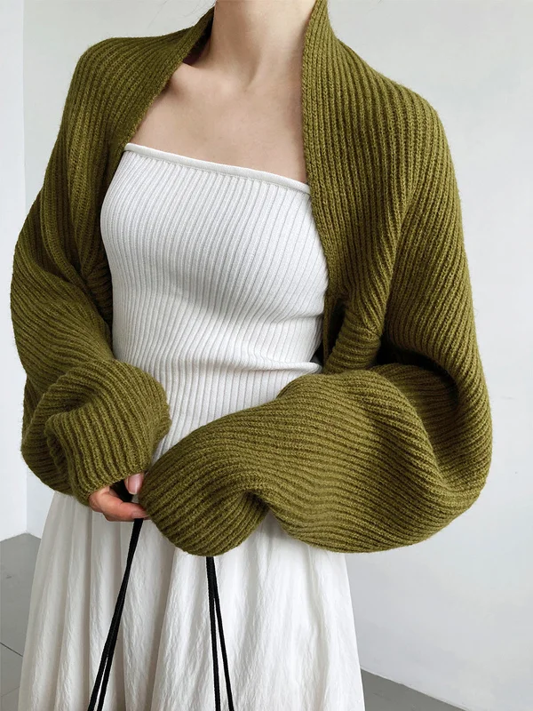 Solid Open-Front Shrug SweaterAlpaca Knit Tops