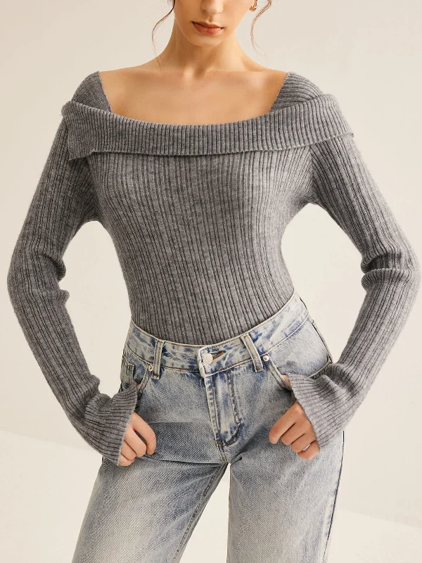 Cold Shoulder Ribbed Slim SweaterSkateboard Knit Tops