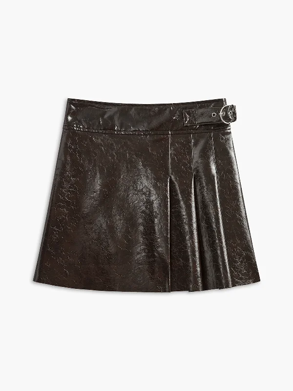 Belted Faux Leather Textured SkirtA-line Skirt