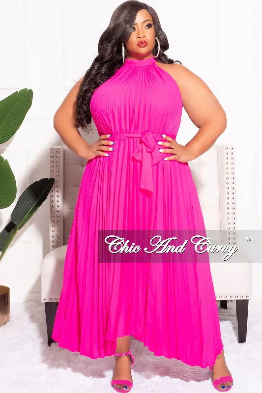 Final Sale Plus Size Halter Neck Sleeveless Dress with Pleats in FuchsiaWomen's party tops