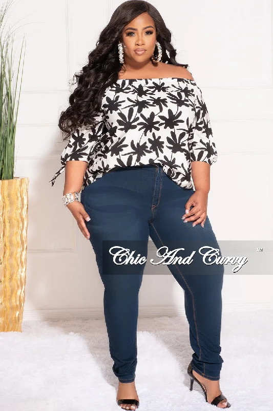 Final Sale Plus Size Off the Shoulder Top in White and Black Chestnut Leaf PrintLarge women's polyester tops