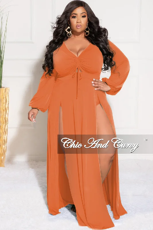 Final Sale Plus Size Ruched Maxi Dress with Double Slits in OrangeLarge women's slim tops