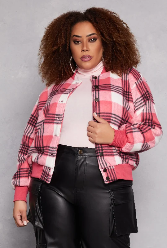 Plus Size Plaid Bomber JacketLarge women's wrinkle-free tops