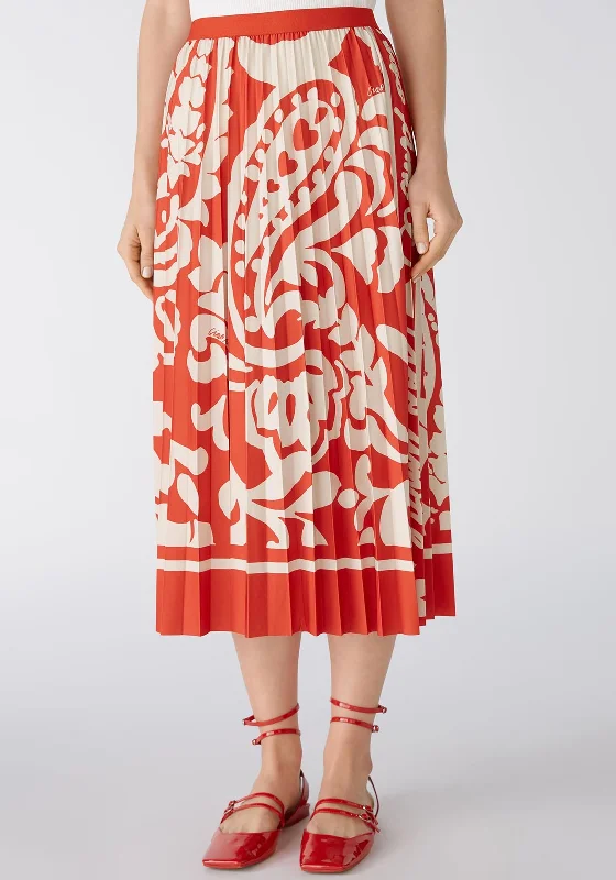 Oui Paisley Print Silk Touch Pleated Midi Skirt, Red & WhiteThermal Skirt