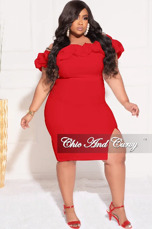 Final Sale Plus Size Off the Shoulder Ruffle BodyCon Dress with Side Slit in RedPlus size women's casual tops