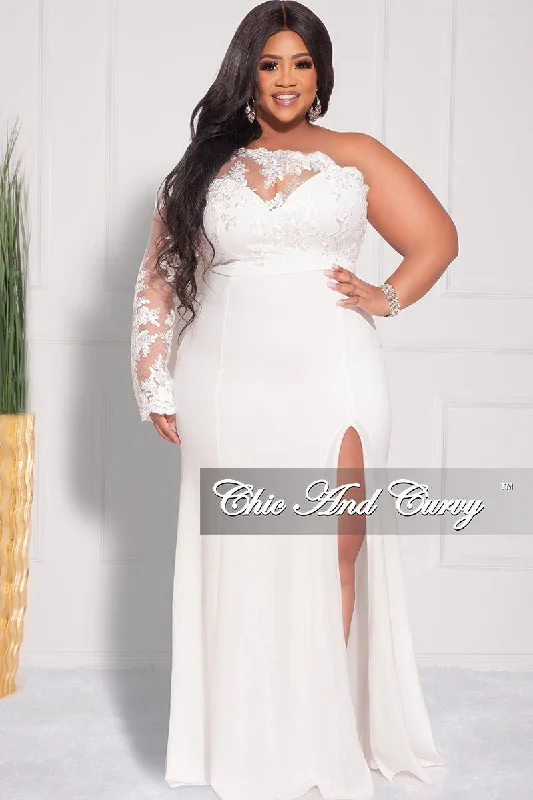 Final Sale Plus Size One Shoulder Long Sleeve Lace Detail Gown with Side Slit in IvoryPlus size women's elegant tops