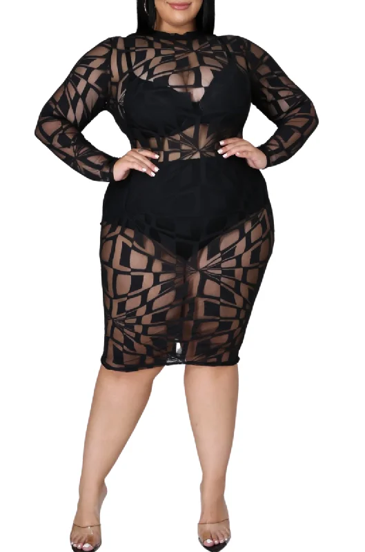 Final Sale Plus Size Sheer Square Print Mesh Bodycon Dress in BlackPlus size women's cotton tops