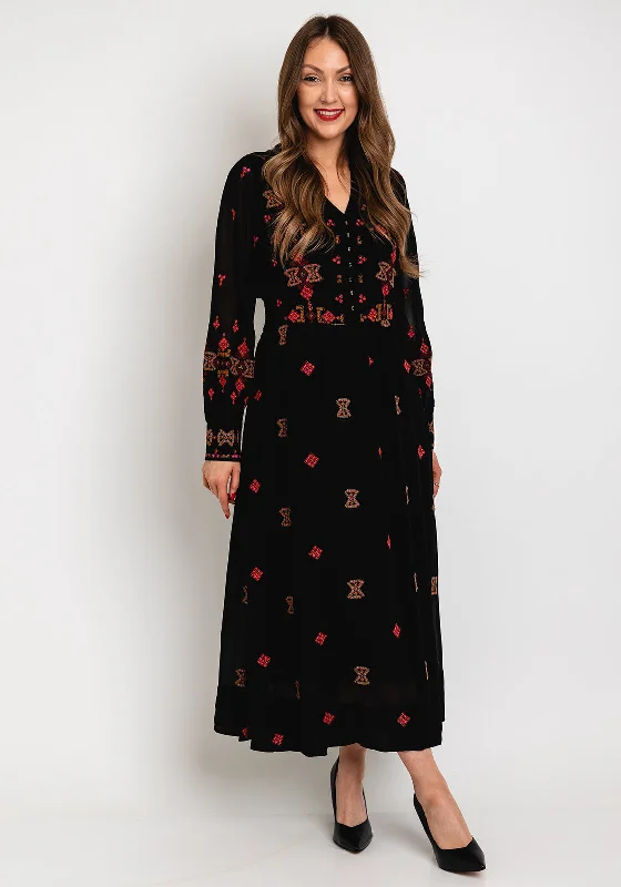 White Stuff Kate Embroidered Maxi Dress, BlackLong-sleeve Dress