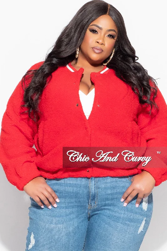 Final Sale Plus Size Teddy Bear Varsity Jacket in RedLarge women's zipper tops