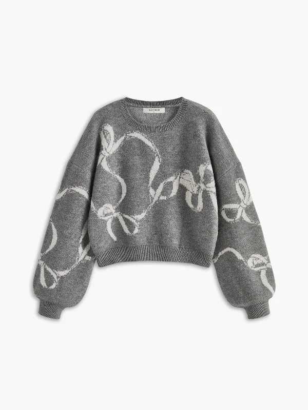 Bow Printed Loose Pullover SweaterColorblock Knit Tops