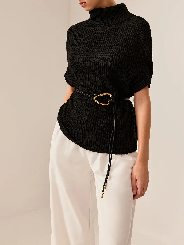 Turtleneck Half-Sleeve Sweater Without BeltSequined Knit Tops