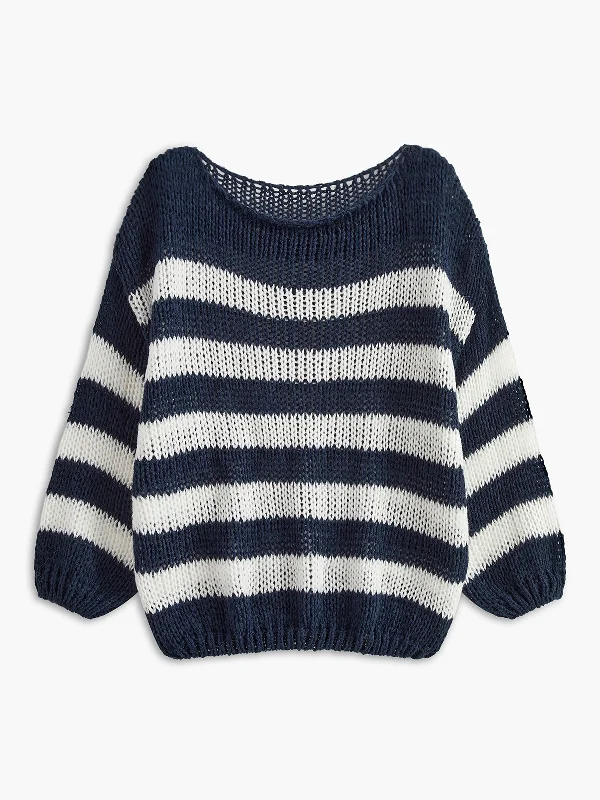 Crew Neck Striped Soft SweaterButton-Up Knit Tops