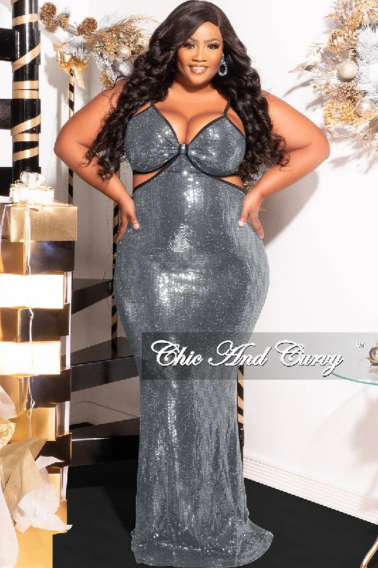 Final Sale Plus Size Spaghetti Strap Faux Sequin Gown with Cut Outs in SilverKnit Shirt