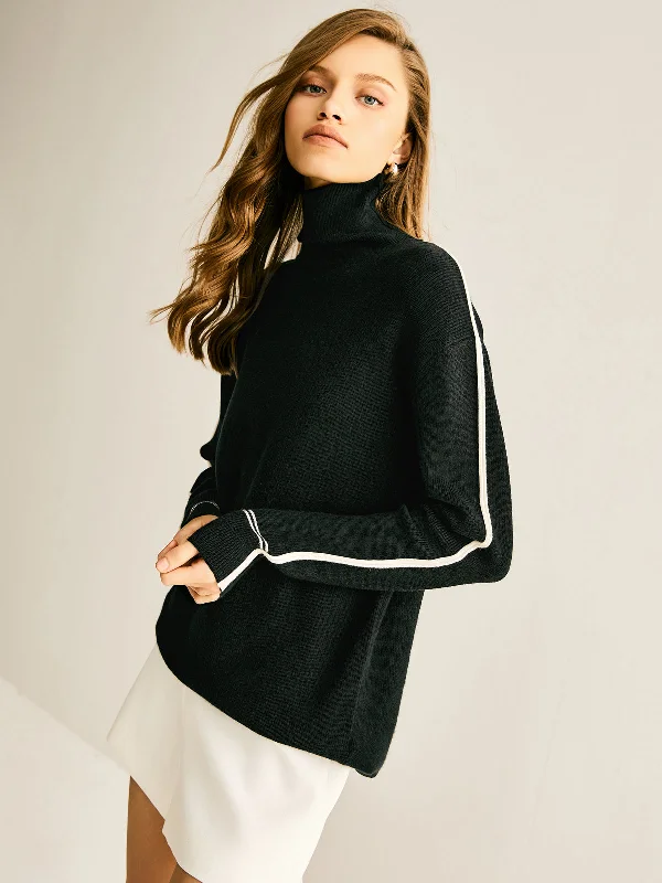 Side Contrast-Striped Turtleneck SweaterThermal Knit Tops