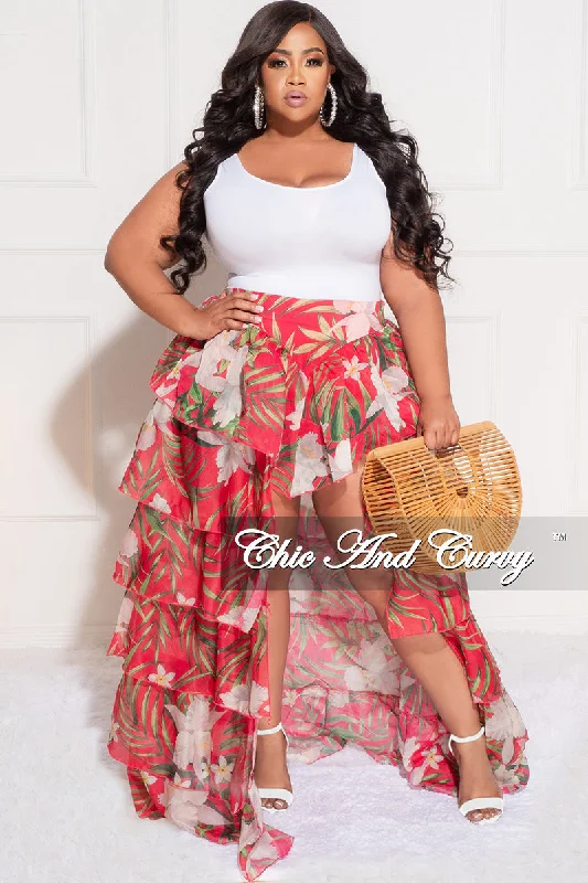 Final Sale Plus Size Chiffon High/Low Ruffle Tiered Skirt in Fuchsia Floral PrintLarge women's sun protection tops