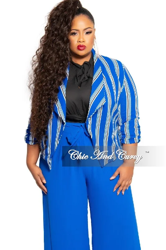 Final Sale Plus Size Blazer in Royal Blue White and Black Stripe PrintWomen's beach tops