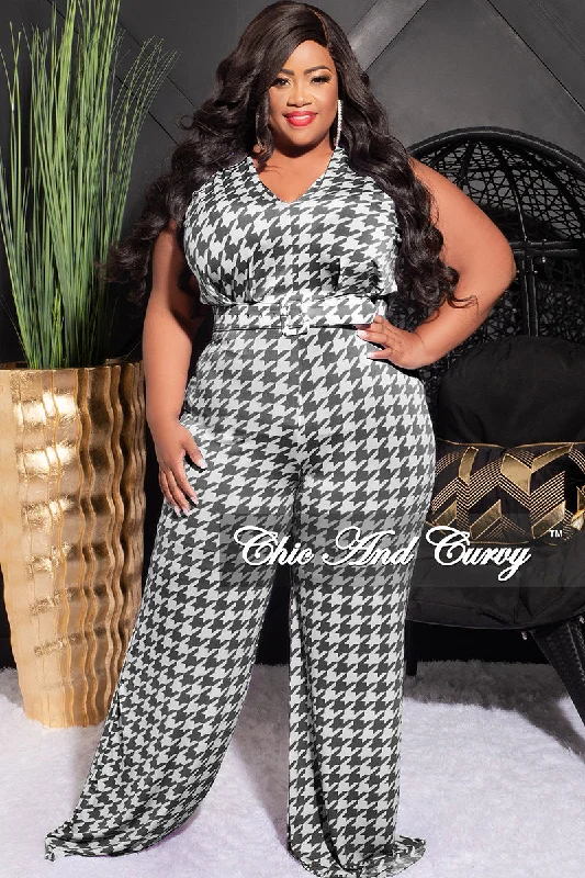 Final Sale Plus Size Jumpsuit with Waist Belt in Houndstooth PrintWomen's affordable tops