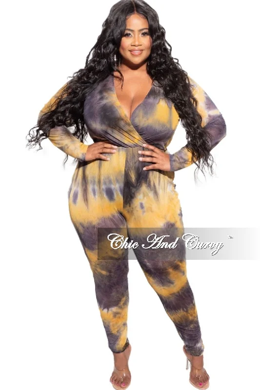 Final Sale Plus Size Faux Wrap Mesh Jumpsuit in Black & Yellow Tie DyeWomen's thin tops