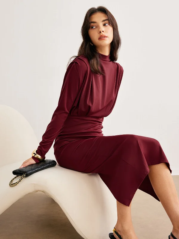 Mock Neck Pleated Jersey DressSweater Dress