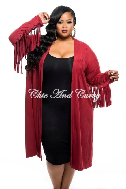 Final Sale Plus Size Jacket in Faux Suede with Fringe Sleeves and Slit Back in BurgundyLarge women's wool tops