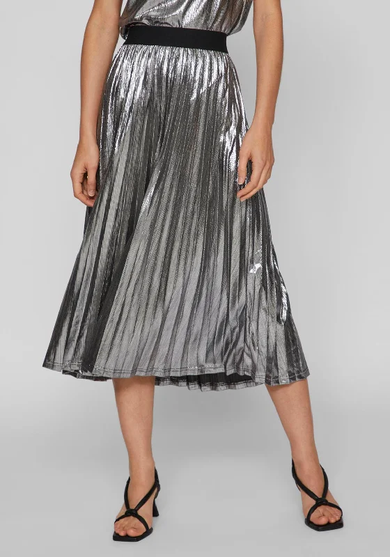 Vila Linea Pleated Metallic Midi Skirt, SilverRomper Skirt