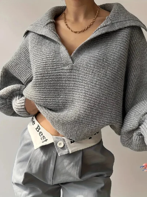 Plain Loose Lapel SweaterHooded Knit Tops