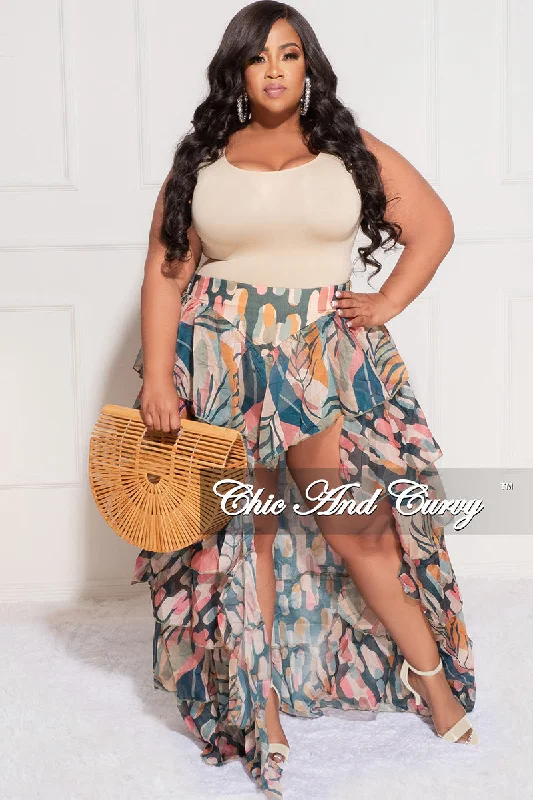 Final Sale Plus Size Chiffon High/Low Ruffle Tiered Skirt in Multi Color Design PrintLarge women's zipper tops