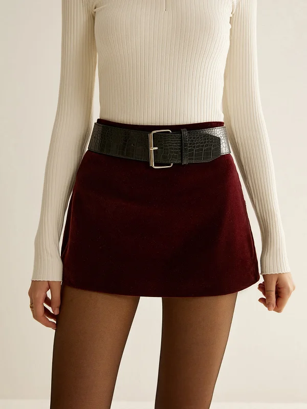 Crocodile Belted Velvet Mini SkirtBoho Skirt