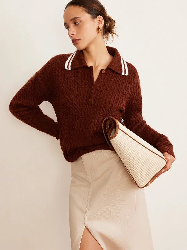 Cable Knit Button Polo SweaterOff-Shoulder Knit Tops