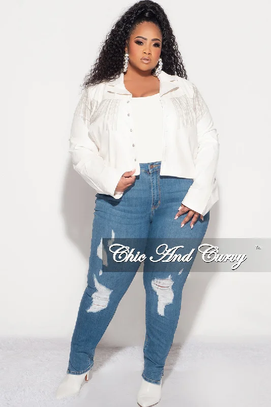 Final Sale Plus Size Fringe Faux Leather Jacket  in WhitePlus Large women's linen tops