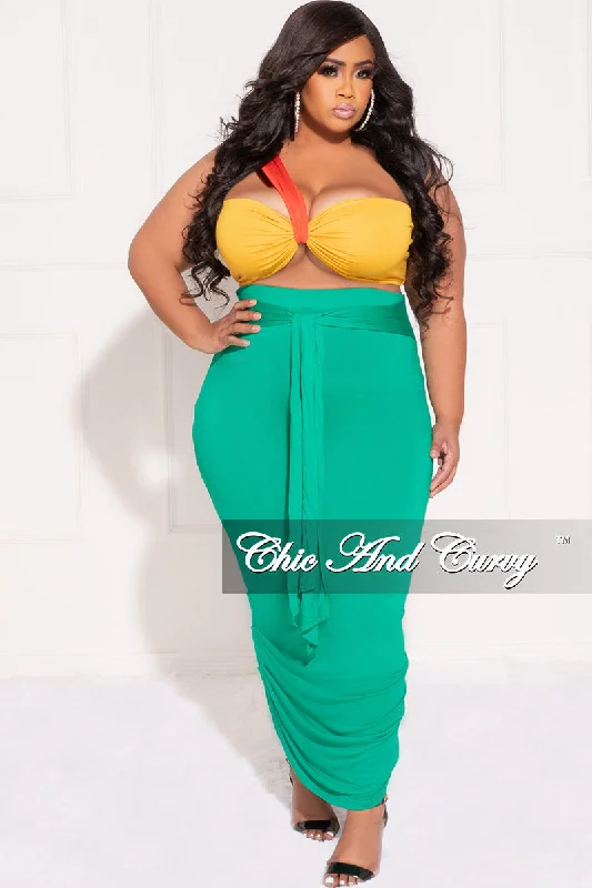 Final Sale Plus Size 2pc One Shoulder Twist Front Bra Top and Ruched Skirt in Orang Yellow and GreenLarge women's waterproof tops