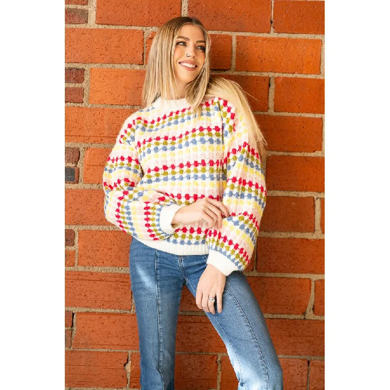 Multicolored Balloon Sleeve Knit SweaterYoga Knit Tops