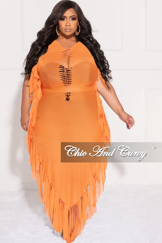 Final Sale Plus Size Mesh Cover-Up Dress with Cutout Front and Fringe Trim in OrangeLarge women's slim tops