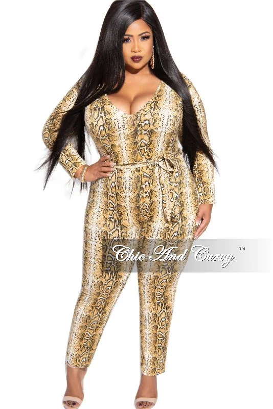 Final Sale Plus Size Tie Jumpsuit in Brown Snake Skin PrintWomen's party tops