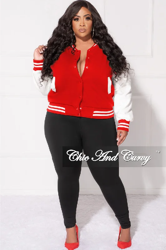 Final Sale Plus Size Plain Varsity Jacket in Red and WhiteKnitted Tee