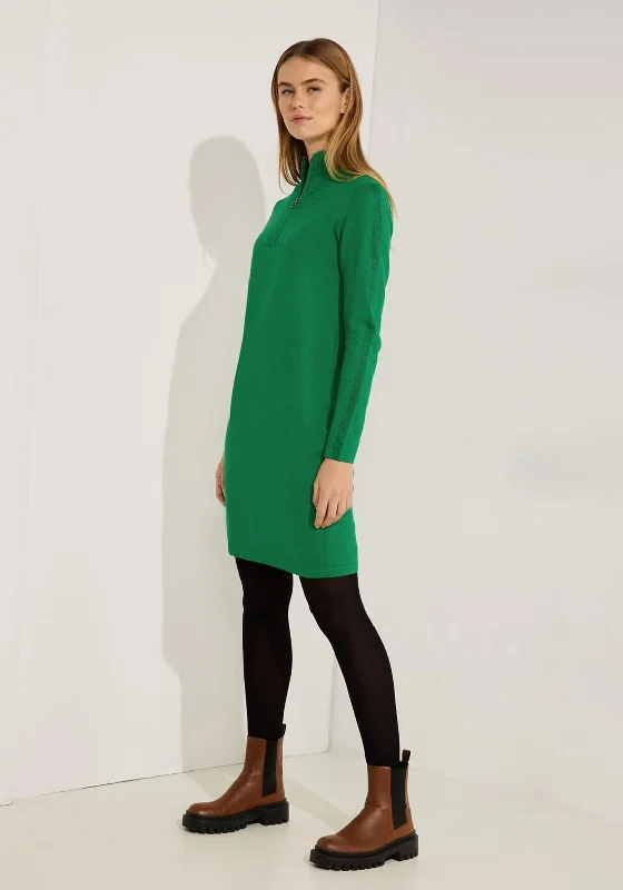 Cecil Half Zip Knitted Knee Length Dress, Easy GreenMidi Dress