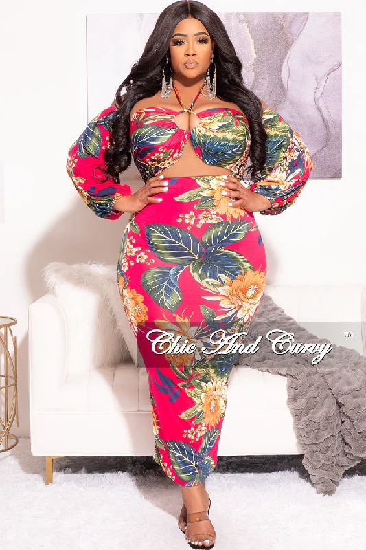 Final Sale Plus Size Off The Shoulder Halter Bodycon with Front Cutout in Fuchsia Floral  PrintWomen's short sleeve tops