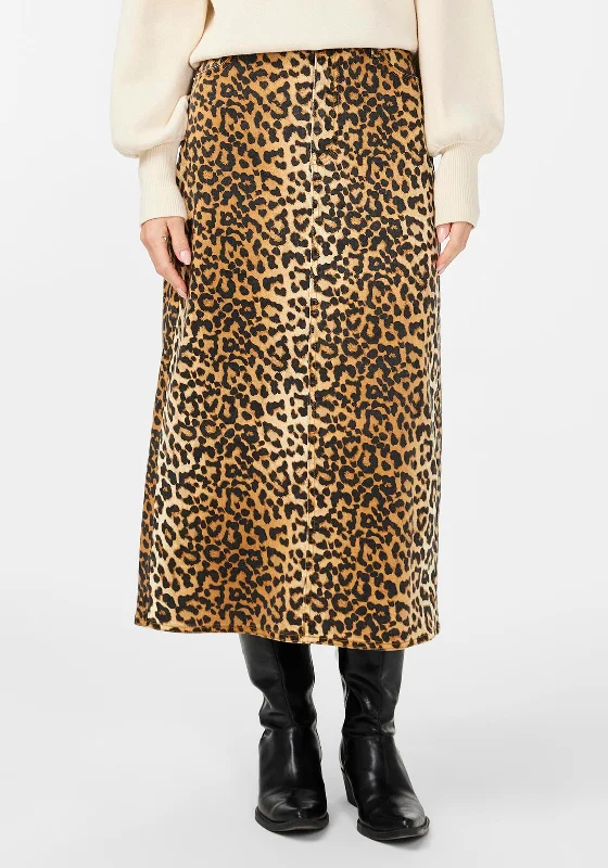 Y.A.S Leonara Leopard Print Midi Denim Skirt, Light TanRuffled Skirt