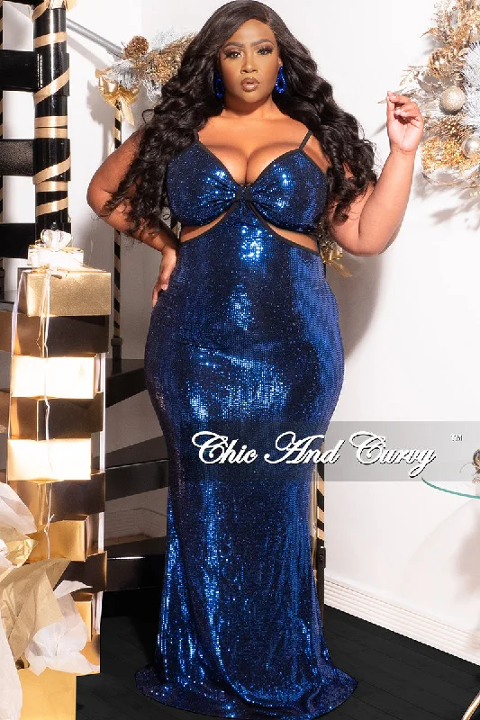 Final Sale Plus Size Spaghetti Strap Sequin Gown with Cut Outs in Royal BlueKnitted Shirt