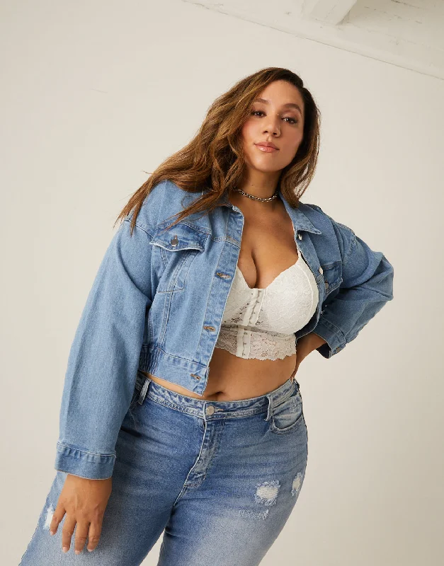 Plus Size Elastic Hem Denim JacketWomen's affordable tops